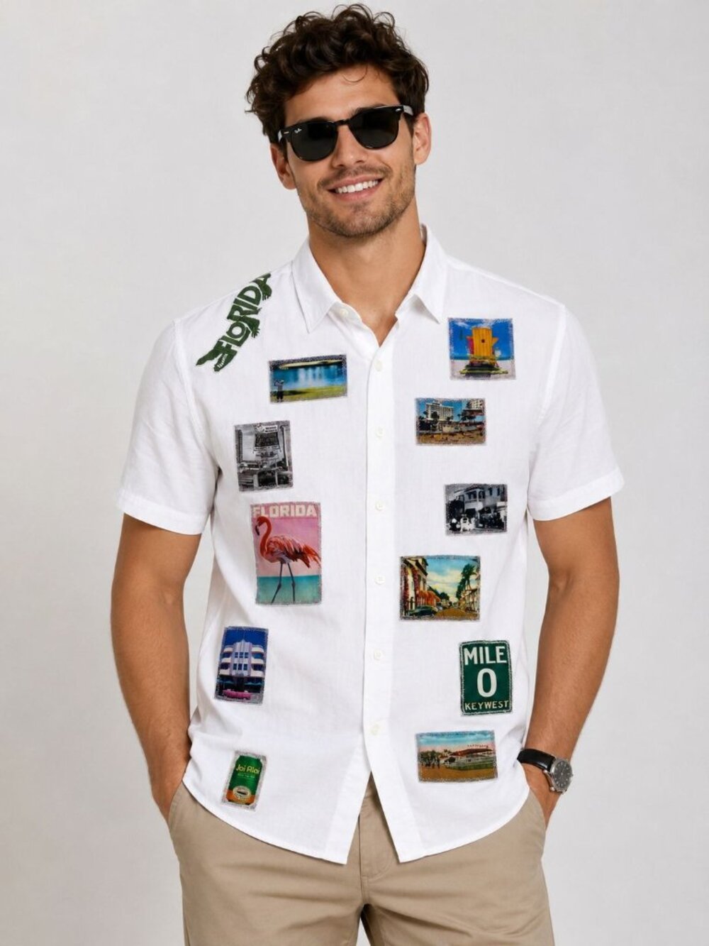 STOCK Gator Short Sleeve Patchwork Button Down Shirt White Size XXL